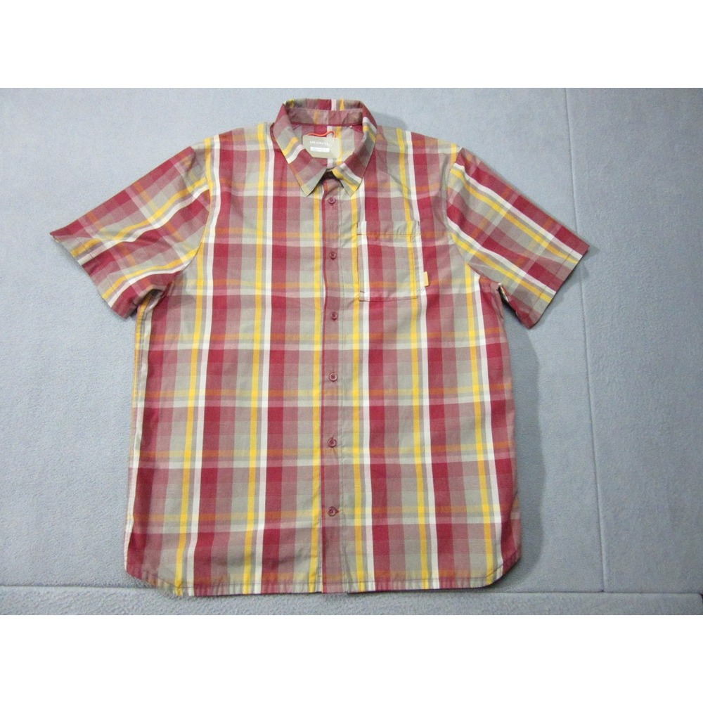 Merrell Shirt Mens Large Red Yellow Gray Plaid Short Sleeve Outdoor Hiking Vent